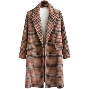 Women's Oversize Lapel Collar Woolen Plaid Double Breasted Long Peacoat Jacket